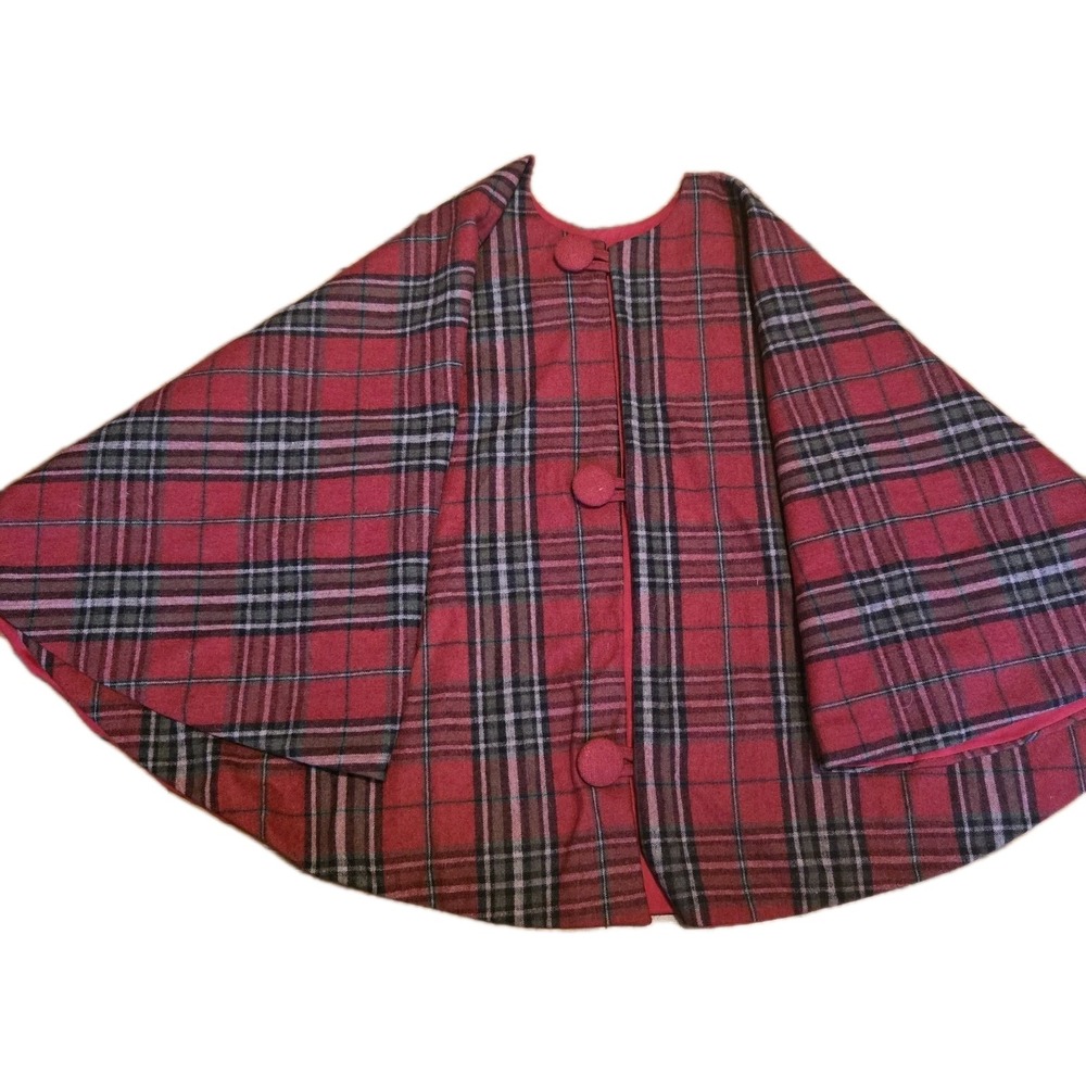 Vintage Womens Cape shawl Wool blend plaid Red‎ Holiday